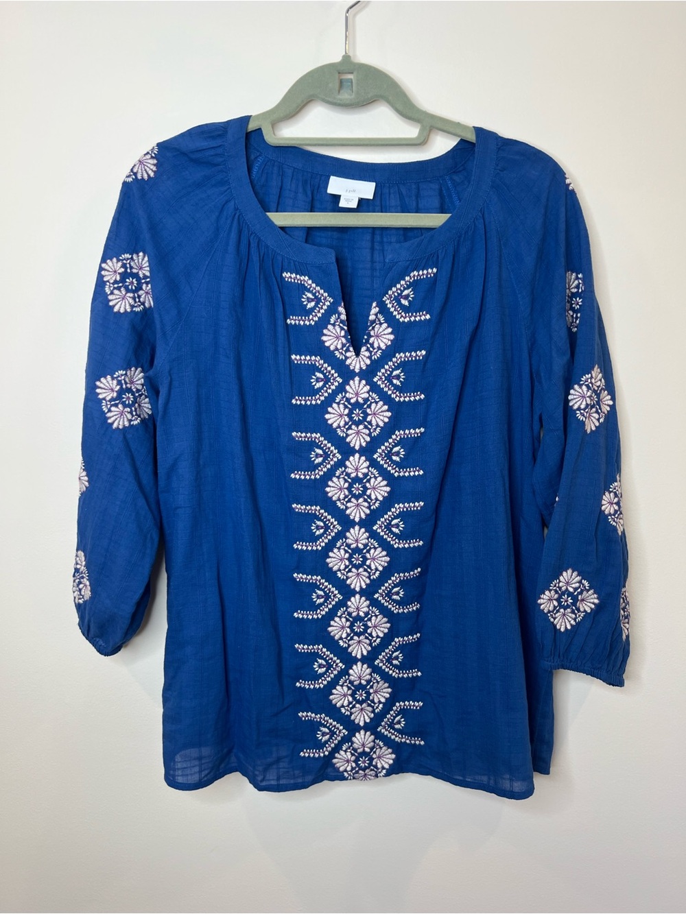 J Jill Popover 3/4 Sleeve Peasant Top Size S Blue Embroidered All Cotton